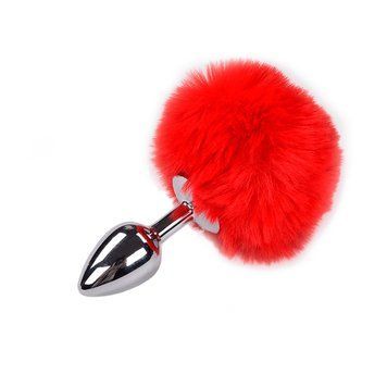 Металева анальна пробка Кролячий хвостик Alive Fluffy Plug S Red, діаметр 2,8 см SO6314 фото - купити в секс-шопі Чорний Кролик
