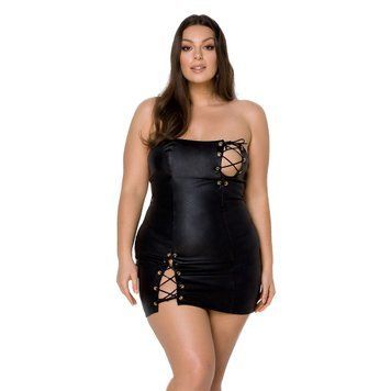 Мінісукня з екошкіри Passion CELINE CHEMISE 4XL/5XL, black, шнурівка, трусики в комплекті SO7061 фото - купити в секс-шопі Чорний Кролик