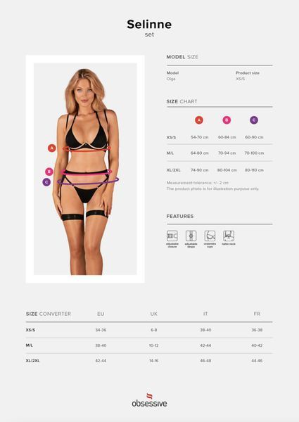 Комплект білизни Obsessive Selinne 3-pcs set XL/2XL Black, бюстгальтер, стрінги пояс для панчіх SO8669 фото - купити в секс-шопі Чорний Кролик