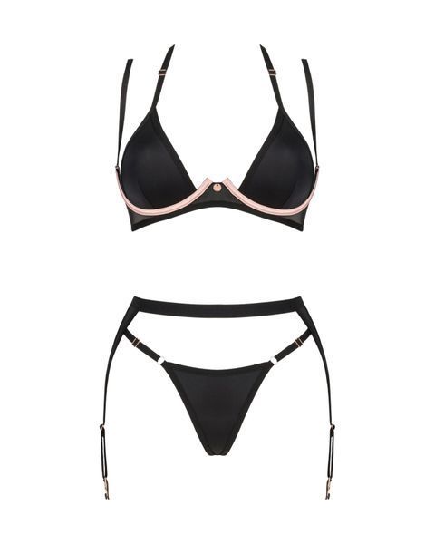 Комплект білизни Obsessive Selinne 3-pcs set XL/2XL Black, бюстгальтер, стрінги пояс для панчіх SO8669 фото - купити в секс-шопі Чорний Кролик