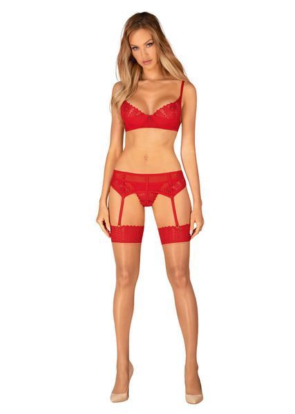 Комплект Obsessive Ingridia 3-pcs set XL/2XL, червоний, бюстгальтер, стрінги, пояс SO9035 фото - купити в секс-шопі Чорний Кролик