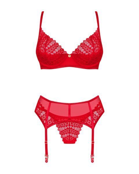 Комплект Obsessive Ingridia 3-pcs set XL/2XL, червоний, бюстгальтер, стрінги, пояс SO9035 фото - купити в секс-шопі Чорний Кролик
