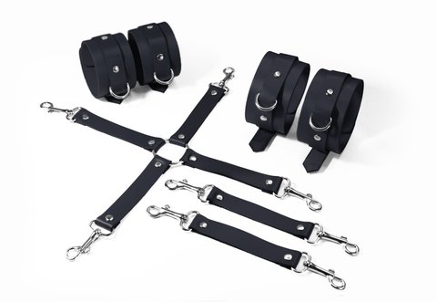 Набір для БДСМ 3 в 1 Feral Feelings BDSM Kit 3 Black, black, наручники, поножі, хрестовина SO8269 фото - купити в секс-шопі Чорний Кролик