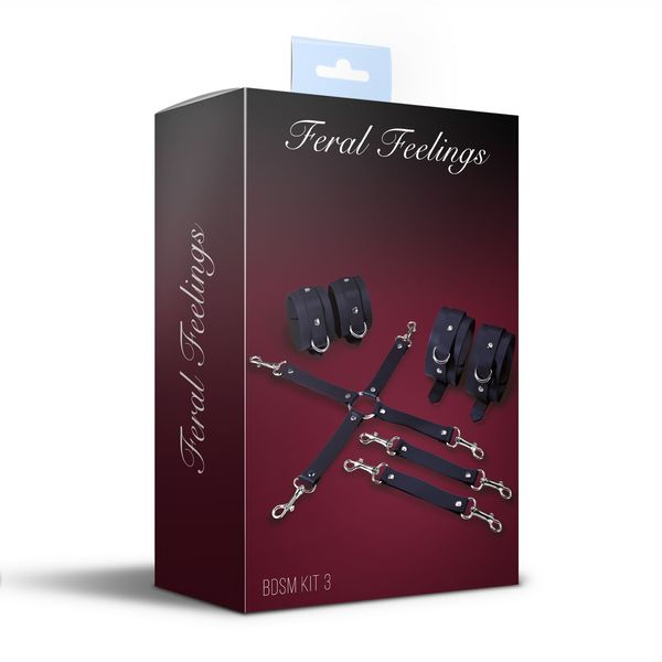 Набір для БДСМ 3 в 1 Feral Feelings BDSM Kit 3 Black, black, наручники, поножі, хрестовина SO8269 фото - купити в секс-шопі Чорний Кролик