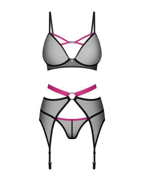 Комплект Obsessive Novenes 3-pcs set, XL/2XL, прозорий ліф на кісточках, стрінги, пояс SX0618 фото - купити в секс-шопі Чорний Кролик