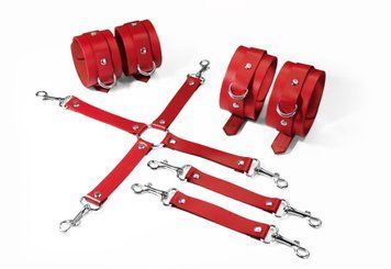 Набір для БДСМ Feral Feelings BDSM Kit 3 Red, наручники, поножі, хрестовина SO8270 фото - купити в секс-шопі Чорний Кролик