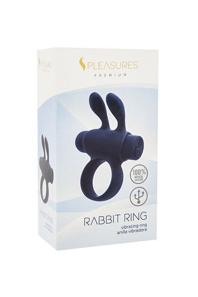 Ерекційне віброкільце S Pleasures Premium Rabbit Ring чорне, зі знімною віброкулею та вушками SX1608 фото - купити в секс-шопі Чорний Кролик