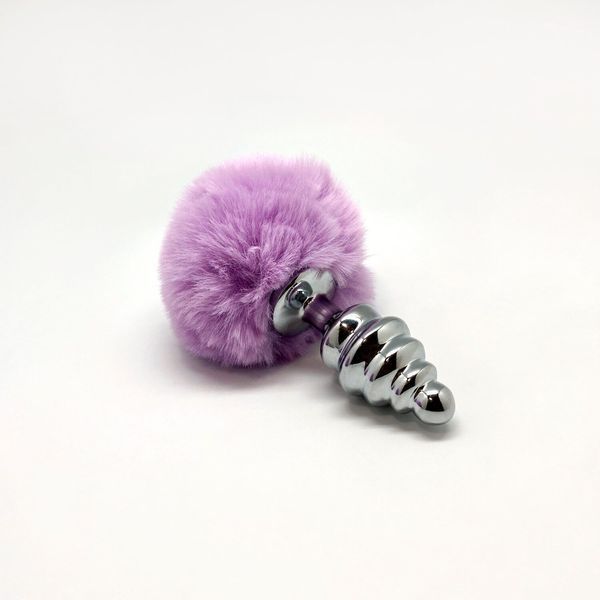 Металева анальна пробка Кролячий хвостик Alive Fluffy Twist Plug M Purple, діаметр 3,4 см SO6308 фото - купити в секс-шопі Чорний Кролик
