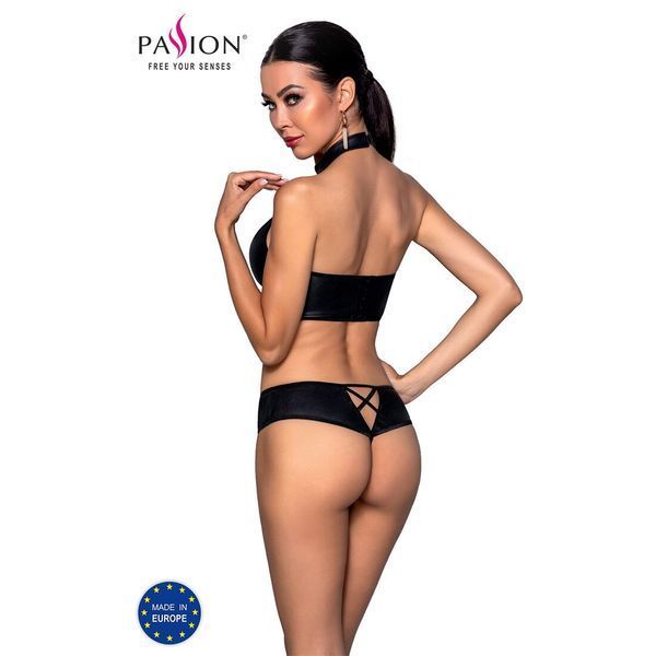 Комплект з еко-шкіри Passion NANCY BIKINI S/M, black, бра та трусики з імітацією шнурівки SO5368 фото - купити в секс-шопі Чорний Кролик