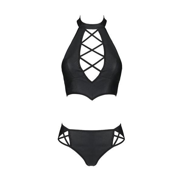 Комплект з еко-шкіри Passion NANCY BIKINI S/M, black, бра та трусики з імітацією шнурівки SO5368 фото - купити в секс-шопі Чорний Кролик