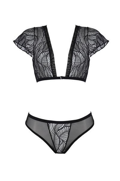 Комплект Passion LEAFA BIKINI black S/M, бюстгальтер-топ з рукавчиками, стрінги-шортики з вирізом SX0498 фото - купити в секс-шопі Чорний Кролик