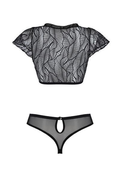 Комплект Passion LEAFA BIKINI black S/M, бюстгальтер-топ з рукавчиками, стрінги-шортики з вирізом SX0498 фото - купити в секс-шопі Чорний Кролик