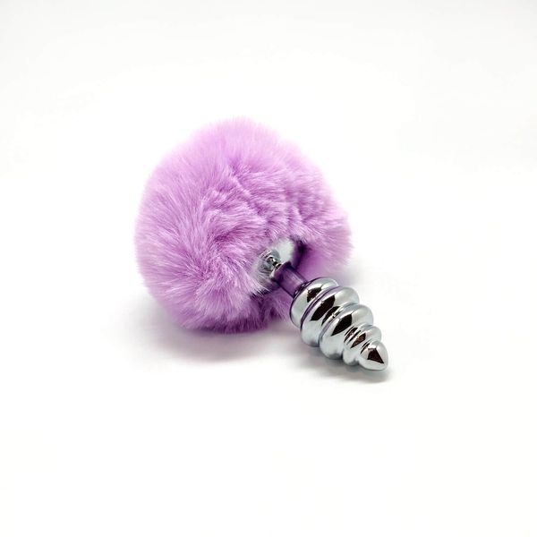 Металева анальна пробка Кролячий хвостик Alive Fluffy Twist Plug S Purple, діаметр 2,9 см SO6306 фото - купити в секс-шопі Чорний Кролик