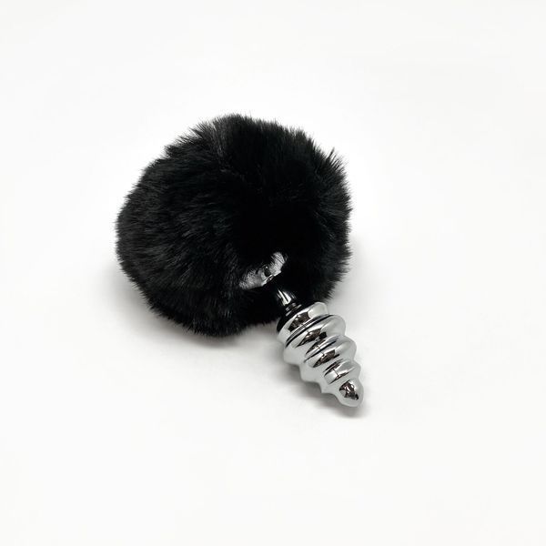Металева анальна пробка Кролячий хвостик Alive Fluffy Twist Plug S Black, діаметр 2,9 см SO6307 фото - купити в секс-шопі Чорний Кролик