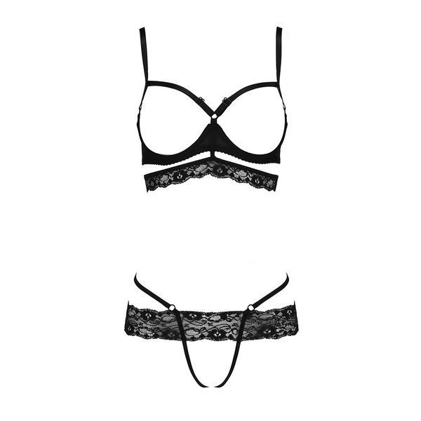 Комплект білизни Passion Exclusive SARIA SET OpenBra S/M, black, стрепи, відкритий ліф, стрінги PS25002 фото - купити в секс-шопі Чорний Кролик