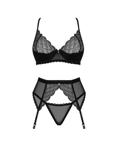 Комплект Obsessive Chemeris 3-pcs set XL/2XL, стрінги, пояс для панчіх, бюстгальтер SO9769 фото - купити в секс-шопі Чорний Кролик