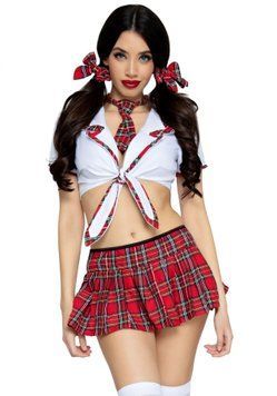 Костюм школярки Leg Avenue Miss Prep School S/M, топ, спідниця, краватка, бантики SO7997 фото - купити в секс-шопі Чорний Кролик