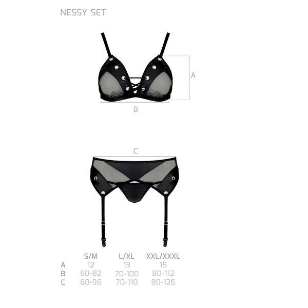 Комплект білизни Passion NESSY SET S/M black, бюстгальтер, пояс для панчіх, стрінги SO8458 фото - купити в секс-шопі Чорний Кролик