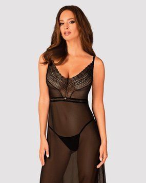Напівпрозора довга сорочка Obsessive Estiqua chemise M/L, чорний, асиметричний крій SO7263 фото - купити в секс-шопі Чорний Кролик