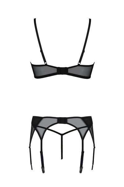 Комплект Passion LEAFA SET black S/M, мереживо+сітка, бюстгальтер на кісточках, стрінги, пояс для панчіх SX0510 фото - купити в секс-шопі Чорний Кролик