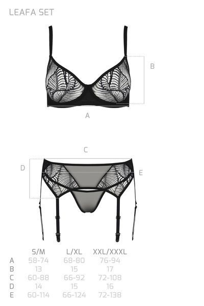 Комплект Passion LEAFA SET black S/M, мереживо+сітка, бюстгальтер на кісточках, стрінги, пояс для панчіх SX0510 фото - купити в секс-шопі Чорний Кролик