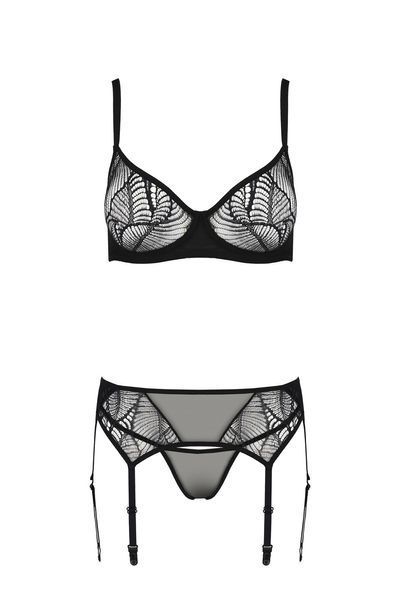Комплект Passion LEAFA SET black S/M, мереживо+сітка, бюстгальтер на кісточках, стрінги, пояс для панчіх SX0510 фото - купити в секс-шопі Чорний Кролик