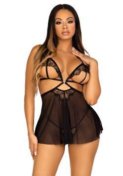 Сорочка бебі-дол з відкритими чашками Leg Avenue Lace and mesh babydoll & panty Black S, стрінги SO9163 фото - купити в секс-шопі Чорний Кролик