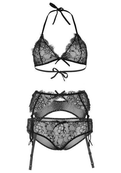 Мереживний комплект зі стразами Leg Avenue Bright Lights Rhinestone S (трусики, бра, пояс для панчіх SO8003 фото - купити в секс-шопі Чорний Кролик