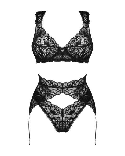 Комплект білизни Obsessive Donna Dream 3-pcs set M/L Black, бюстгальтер, стрінги, пояс для панчіх SO8637 фото - купити в секс-шопі Чорний Кролик