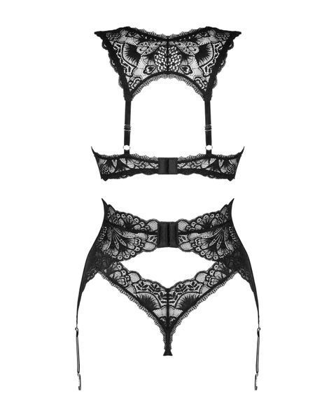 Комплект білизни Obsessive Donna Dream 3-pcs set M/L Black, бюстгальтер, стрінги, пояс для панчіх SO8637 фото - купити в секс-шопі Чорний Кролик