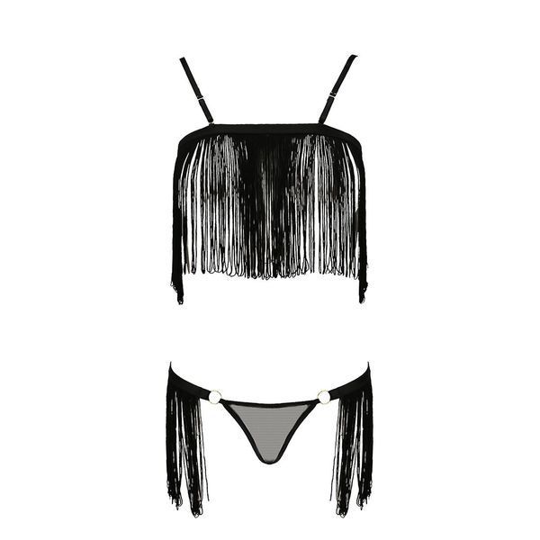 Комплект білизни Passion Exclusive KASSANDRA SET OpenBra L/XL black, ліф з бахроми, трусики-спідниця PS26301 фото - купити в секс-шопі Чорний Кролик