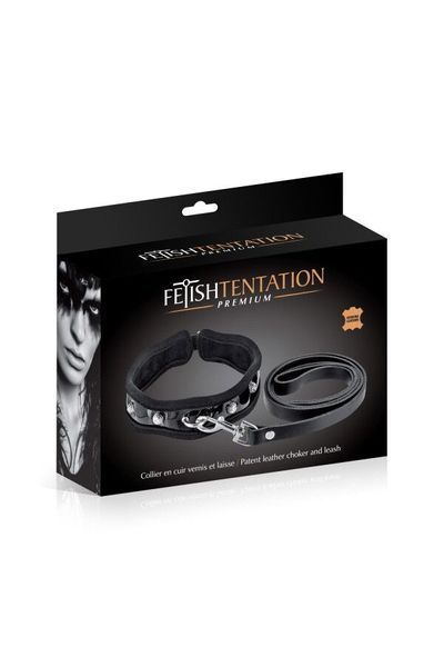 Повідець із нашийником Fetish Tentation Premium Patent Leather Choker & Leash SX1098 фото - купити в секс-шопі Чорний Кролик
