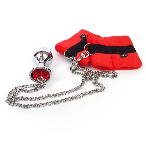 Наручники з металевою анальною пробкою Art of Sex Handcuffs with Metal Anal Plug size M Red SO6182 фото - купити в секс-шопі Чорний Кролик