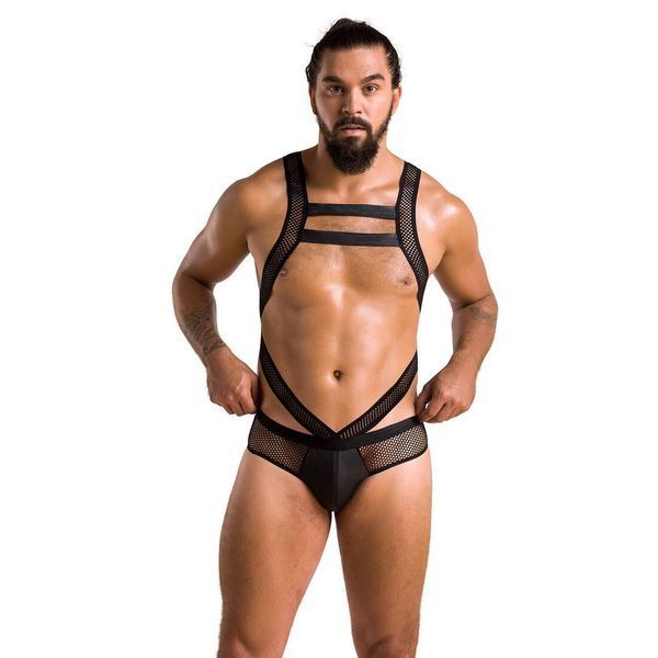 Чоловіче еротичне сітчасте боді Passion 045 VICTOR L/XL Black, екошкіра, сітка SO7606 фото - купити в секс-шопі Чорний Кролик