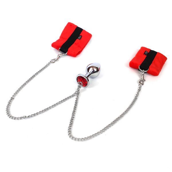 Наручники з металевою анальною пробкою Art of Sex Handcuffs with Metal Anal Plug size M Red SO6182 фото - купити в секс-шопі Чорний Кролик