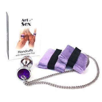 Наручники з металевою анальною пробкою Art of Sex Handcuffs with Metal Anal Plug size M Purple SO6183 фото - купити в секс-шопі Чорний Кролик