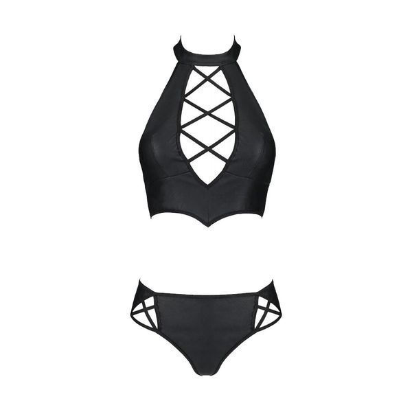 Комплект з екошкіри Passion NANCY BIKINI 4XL/5XL black, бра та трусики з імітацією шнурівки SO7102 фото - купити в секс-шопі Чорний Кролик