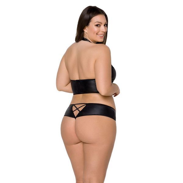 Комплект з екошкіри Passion NANCY BIKINI 4XL/5XL black, бра та трусики з імітацією шнурівки SO7102 фото - купити в секс-шопі Чорний Кролик