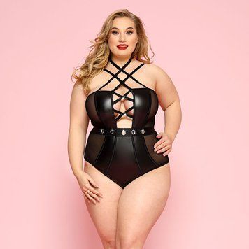 Сексуальне боді JSY &laquo;Пристрасна Лорейн&raquo; Plus Size Black, люверси, стрепи, екошкіра, шнурівка SO8378 фото - купити в секс-шопі Чорний Кролик