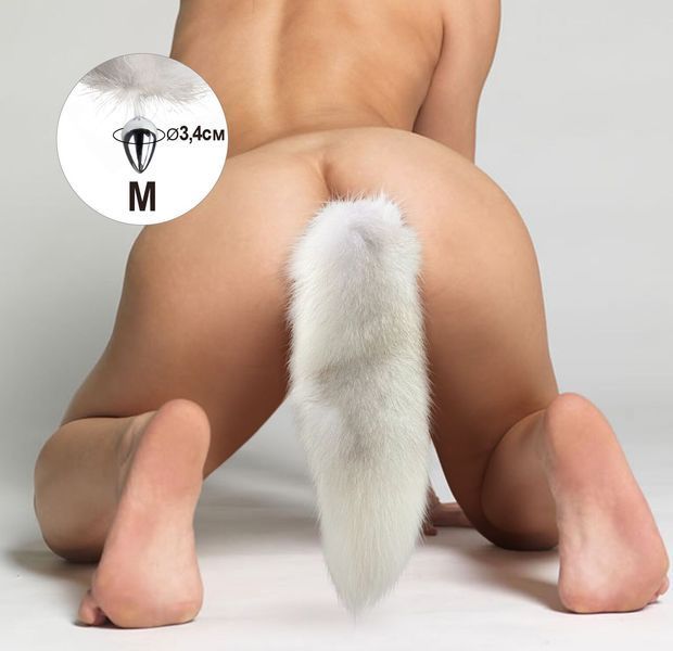 Металева анальна пробка з хвостом із натурального хутра Art of Sex size M White fox SO6184 фото - купити в секс-шопі Чорний Кролик