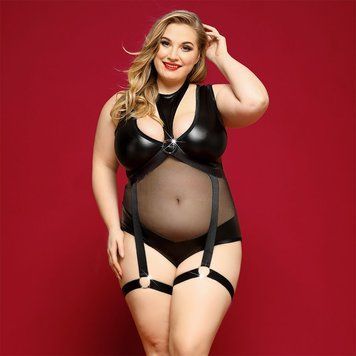 Елегантне боді з екошкіри JSY &laquo;Спокуслива Морган&raquo; Plus Size, Black, сітка, портупея з гартерами SO8379 фото - купити в секс-шопі Чорний Кролик