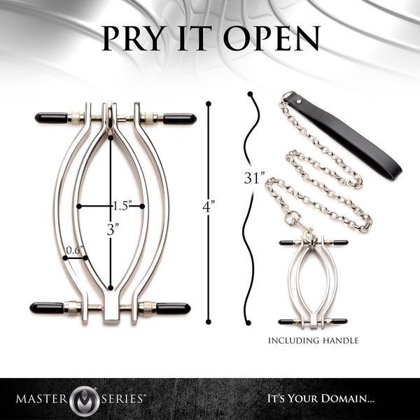 Затискач для статевих губ Master Series: Pussy Tugger Adjustable Vagina Clamp with Chain SO8797 фото - купити в секс-шопі Чорний Кролик