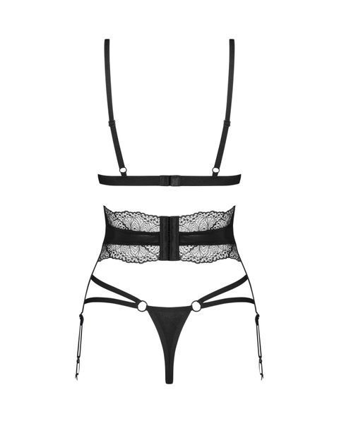 Комплект Obsessive Lobellis 3-pcs set, XL/2XL, чорний, ліф з м&rsquo;якою чашкою, стрінги, пояс для панчіх SX1019 фото - купити в секс-шопі Чорний Кролик