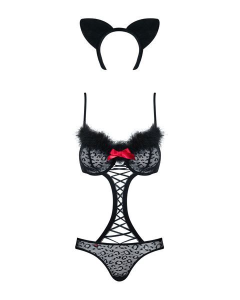Еротичний костюм гепарду Obsessive Gepardina 3 pcs costume L/XL, чорний, хутряне оздоблення, монокін SO7277 фото - купити в секс-шопі Чорний Кролик