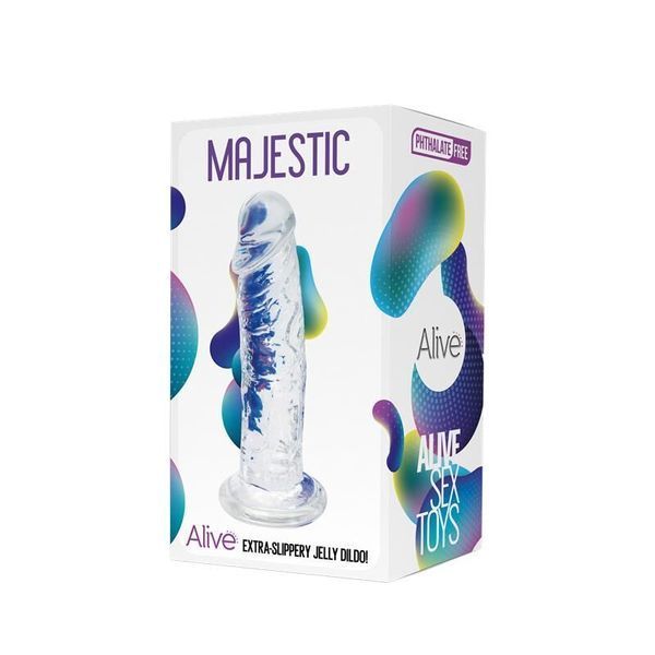 Прозорий фалоімітатор Alive Jelly Dildo Majestic, TPE, присоска, діаметр 3,7 см, довжина 14,7 см SO5312 фото - купити в секс-шопі Чорний Кролик