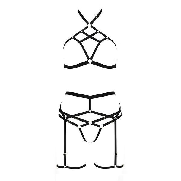 Комплект білизни Passion Exclusive MORGAN SET OpenBra S/M, black, стрепи, трусики, ліф, пояс PS23902 фото - купити в секс-шопі Чорний Кролик