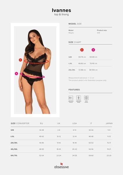Напівпрозорий набір з прикрасами Obsessive Ivannes top & thong L/XL, чорний, топ та танга SO7284 фото - купити в секс-шопі Чорний Кролик