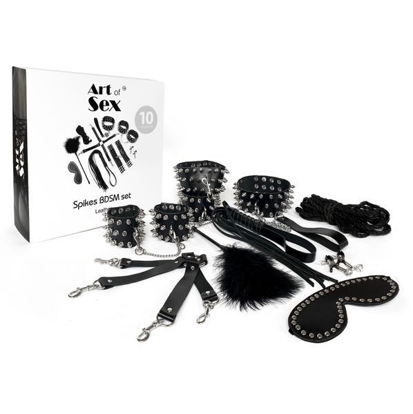 BDSM-набір Art of Sex &ndash; Spikes BDSM Set Leather, 10 предметів, чорний, натуральна шкіра SO7140 фото - купити в секс-шопі Чорний Кролик