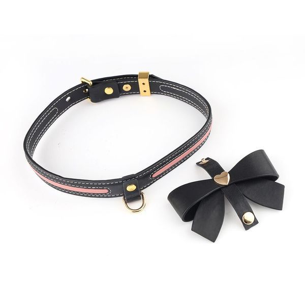 Нашийник з повідцем LOCKINK SEVANDA Love Heart Butterfly Leather Collar Set, чорно-рожевий, з бантом SX0863 фото - купити в секс-шопі Чорний Кролик