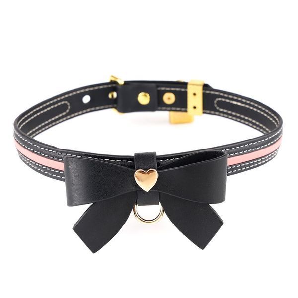 Нашийник з повідцем LOCKINK SEVANDA Love Heart Butterfly Leather Collar Set, чорно-рожевий, з бантом SX0863 фото - купити в секс-шопі Чорний Кролик